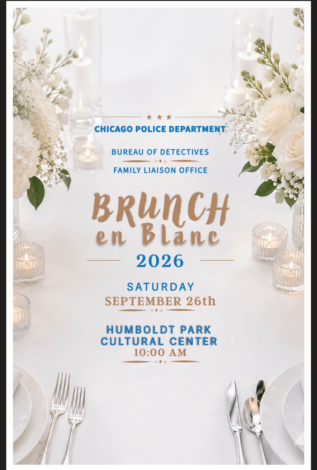 Updated Brunch en Blanc 2026 flyer: Chicago Police Department, Bureau of Detectives, Family Liaison Office; Saturday, September 26, 2026, 10:00 AM; Humboldt Park Cultural Center.
